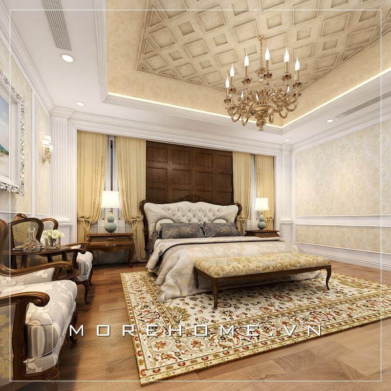 Giường ngủ ông bà được lựa chọn với gam màu nhã nhặn, thanh lịch cùng tone màu với nội thất khác trong căn phòng tạo nên sự thoải mái và nhẹ nhàng cho giấc ngủ người cao tuổi